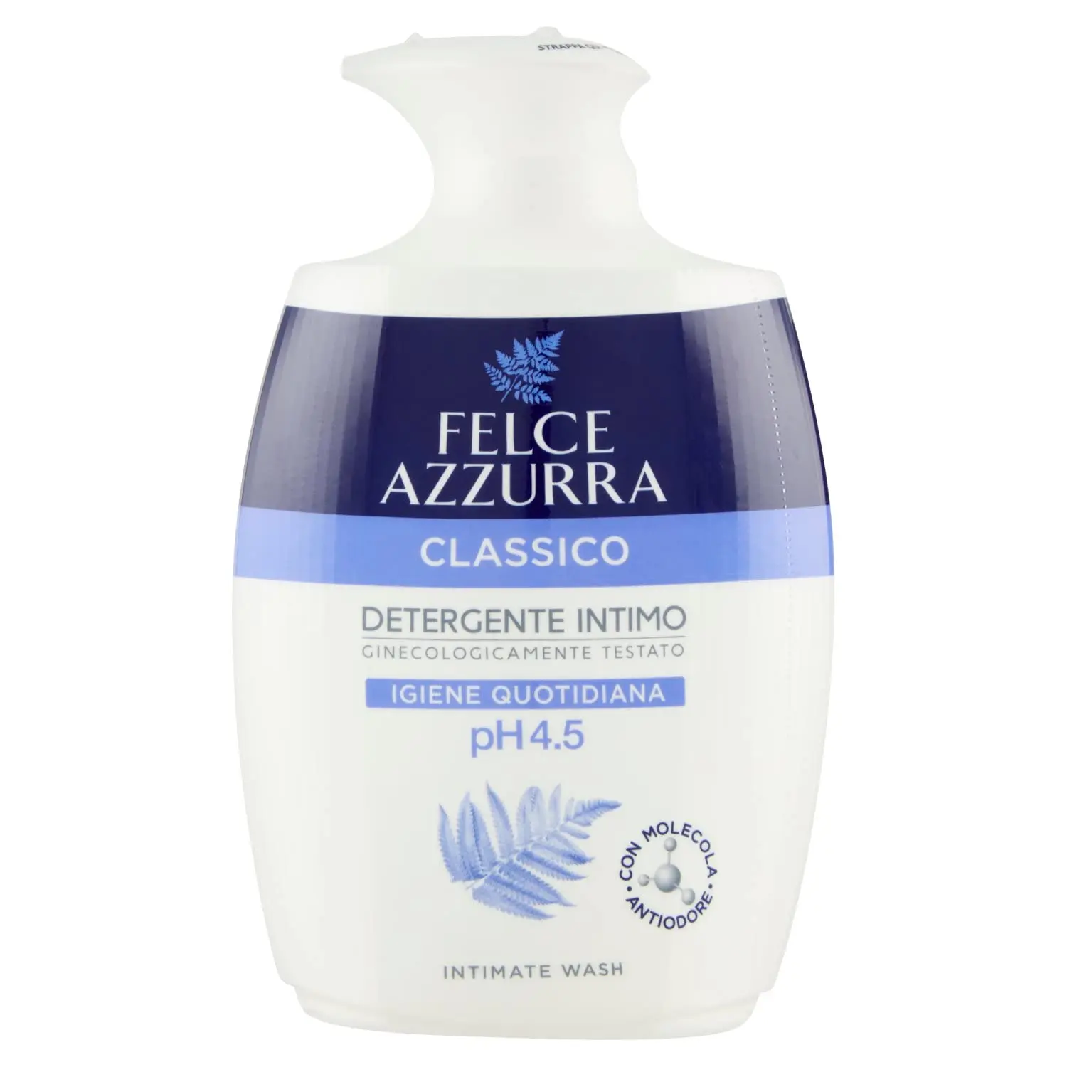 A bottle of Felce Azzurra Classico intimate cleaner for daily feminine hygiene with a pH of 4.5.