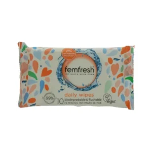 This is an image of Femfresh freshening and soothing wipes, which are pH-balanced and contain calming calendula and soothing mallow extract, ideal for hypoallergenic and dermatologically tested feminine hygiene.
