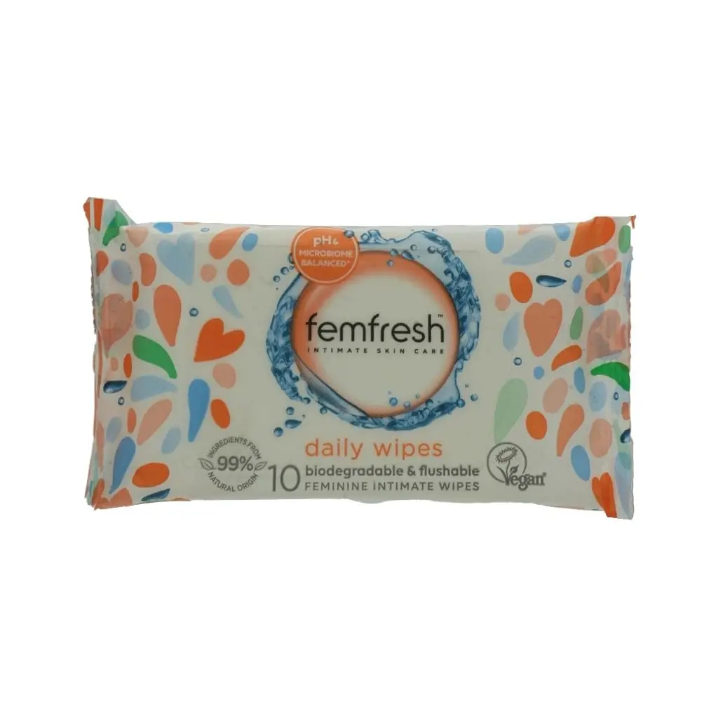 This is an image of Femfresh freshening and soothing wipes, which are pH-balanced and contain calming calendula and soothing mallow extract, ideal for hypoallergenic and dermatologically tested feminine hygiene.