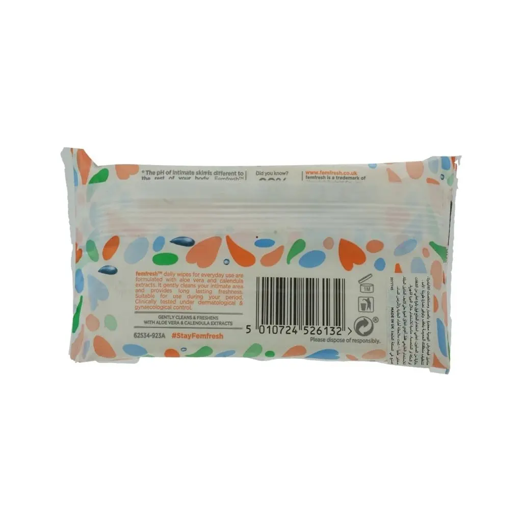 This is an image of Femfresh freshening and soothing wipes, which are pH-balanced and contain calming calendula and soothing mallow extract, ideal for hypoallergenic and dermatologically tested feminine hygiene.