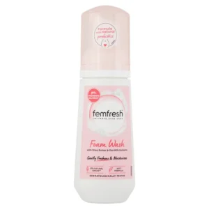 Femfresh intimate foam wash with shea butter and oat milk extracts is a pH balanced, soap-free feminine hygiene cleanser for daily use, leaving skin moisturized and feeling fresh.