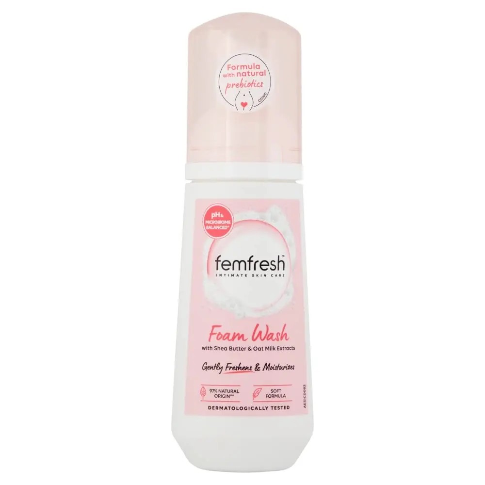 Femfresh intimate foam wash with shea butter and oat milk extracts is a pH balanced, soap-free feminine hygiene cleanser for daily use, leaving skin moisturized and feeling fresh.
