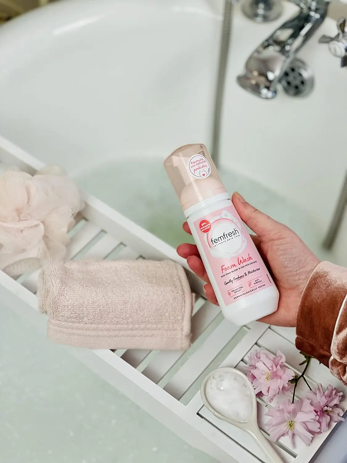 Femfresh intimate foam wash with shea butter and oat milk extracts is a pH balanced, soap-free feminine hygiene cleanser for daily use, leaving skin moisturized and feeling fresh.
