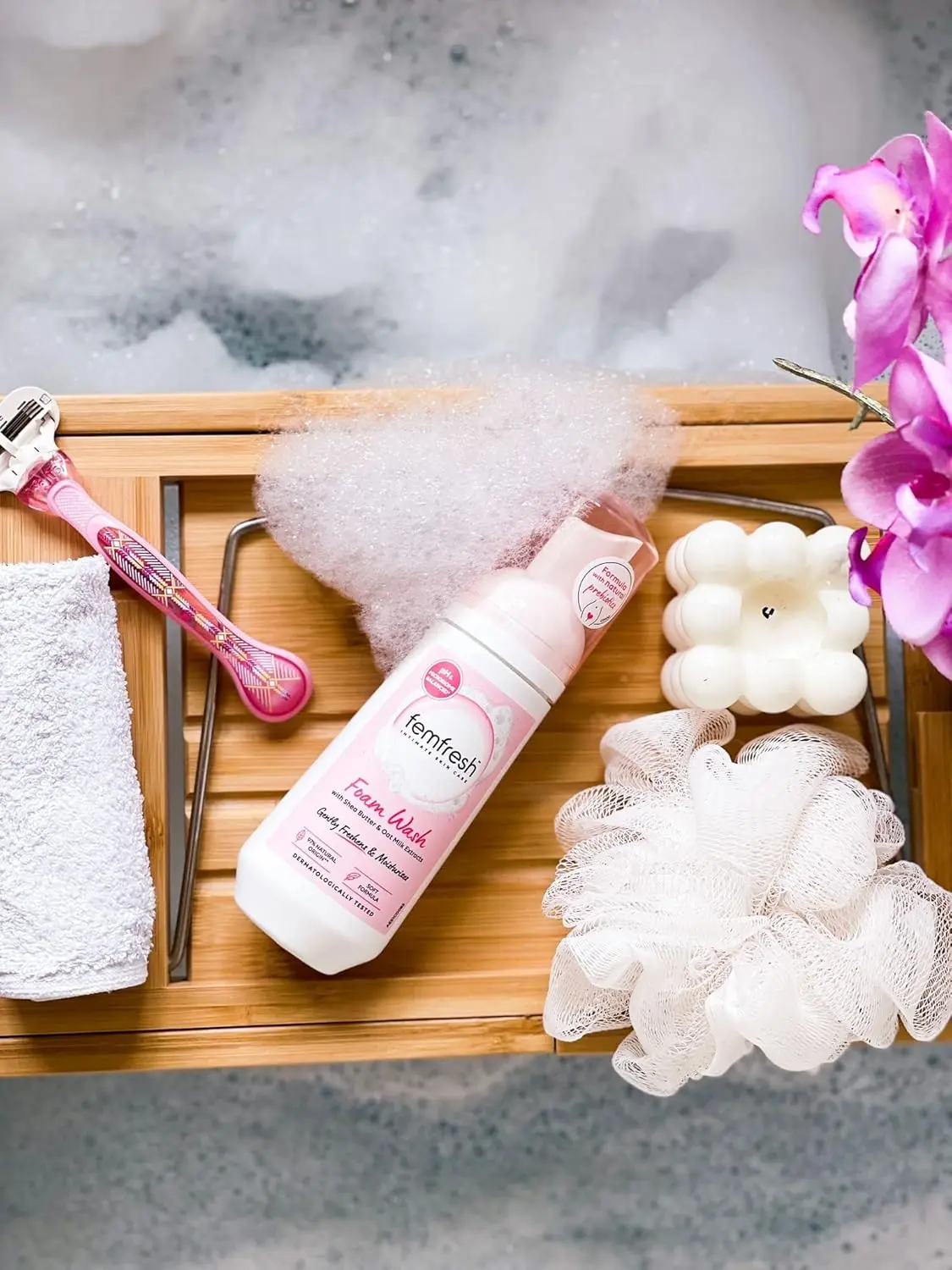 Femfresh intimate foam wash with shea butter and oat milk extracts is a pH balanced, soap-free feminine hygiene cleanser for daily use, leaving skin moisturized and feeling fresh.