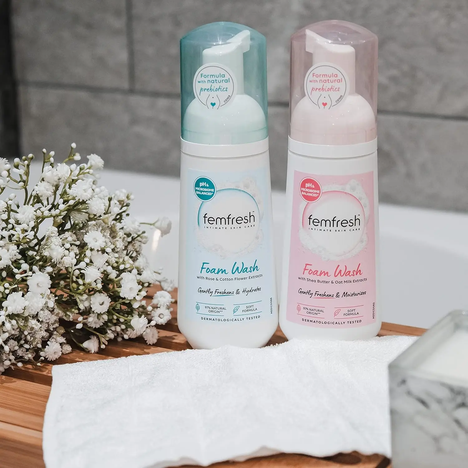 Femfresh intimate foam wash with shea butter and oat milk extracts is a pH balanced, soap-free feminine hygiene cleanser for daily use, leaving skin moisturized and feeling fresh.