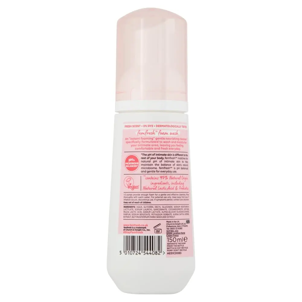 Femfresh intimate foam wash with shea butter and oat milk extracts is a pH balanced, soap-free feminine hygiene cleanser for daily use, leaving skin moisturized and feeling fresh.