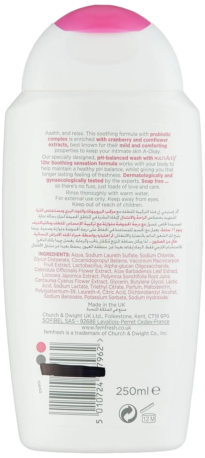 This image shows a twin pack of Femfresh Soothing Intimate Wash, a gentle cleanser with aloe vera and bisabolol designed to calm and soothe the intimate area.