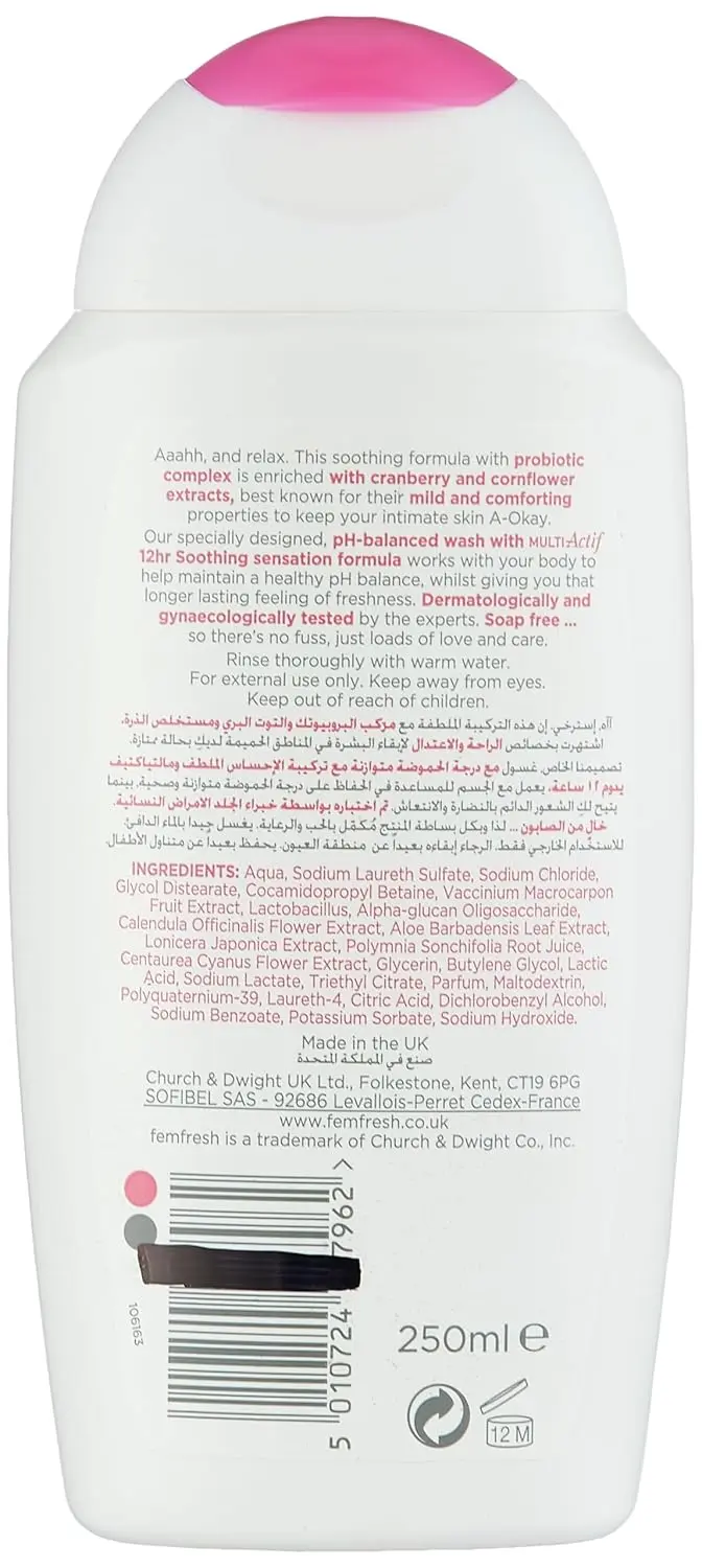 This image shows a twin pack of Femfresh Soothing Intimate Wash, a gentle cleanser with aloe vera and bisabolol designed to calm and soothe the intimate area.