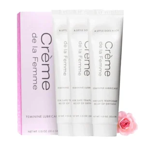 Three packs of Creme de la Femme moisturizing cream offer gentle, hormone and chemical-free relief from feminine dryness, providing daily self-care and protection for sensitive tissue.