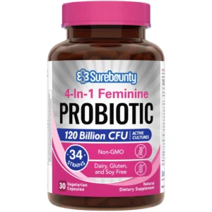 Surebounty feminine probiotic supplement with 120 billion CFU and 34 strains, plus prebiotics, digestive enzymes, and cranberry for women's digestive, vaginal, mood, and immune support.