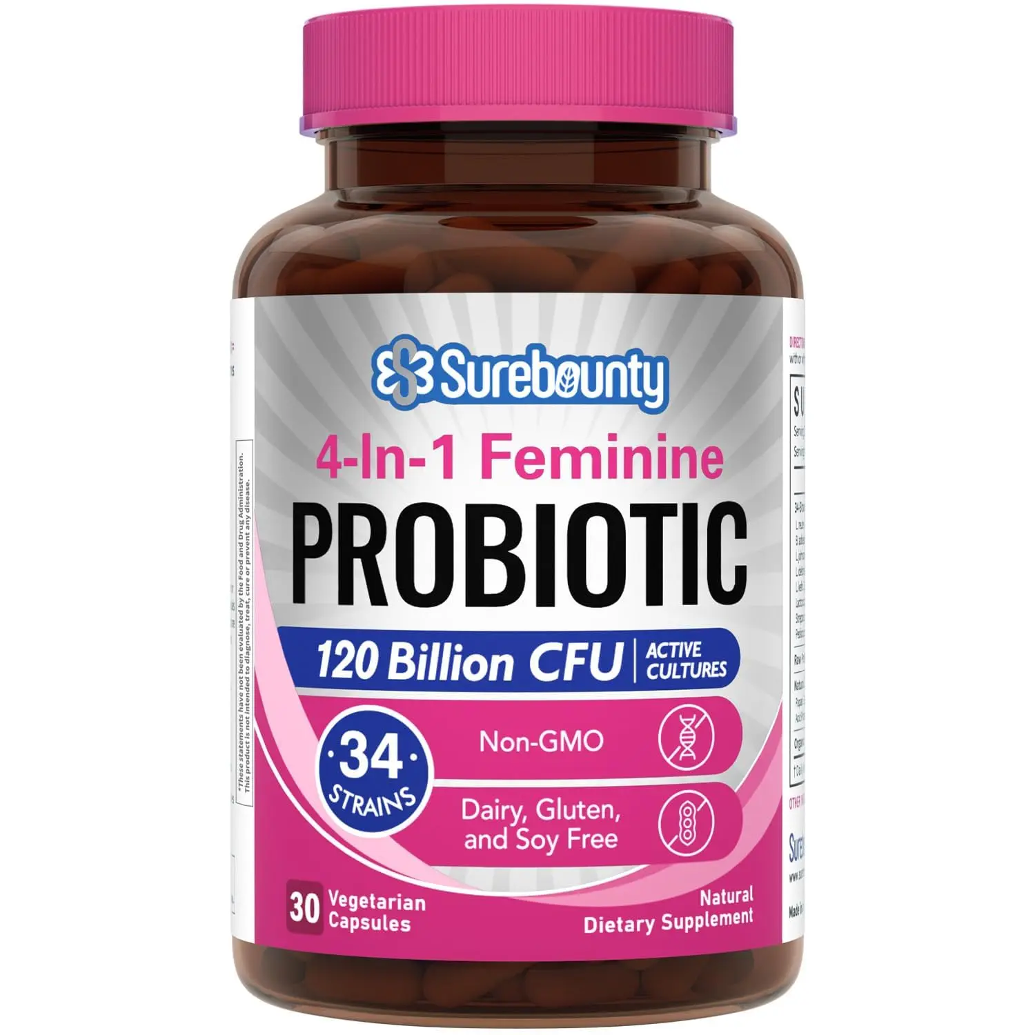 Surebounty feminine probiotic supplement with 120 billion CFU and 34 strains, plus prebiotics, digestive enzymes, and cranberry for women's digestive, vaginal, mood, and immune support.
