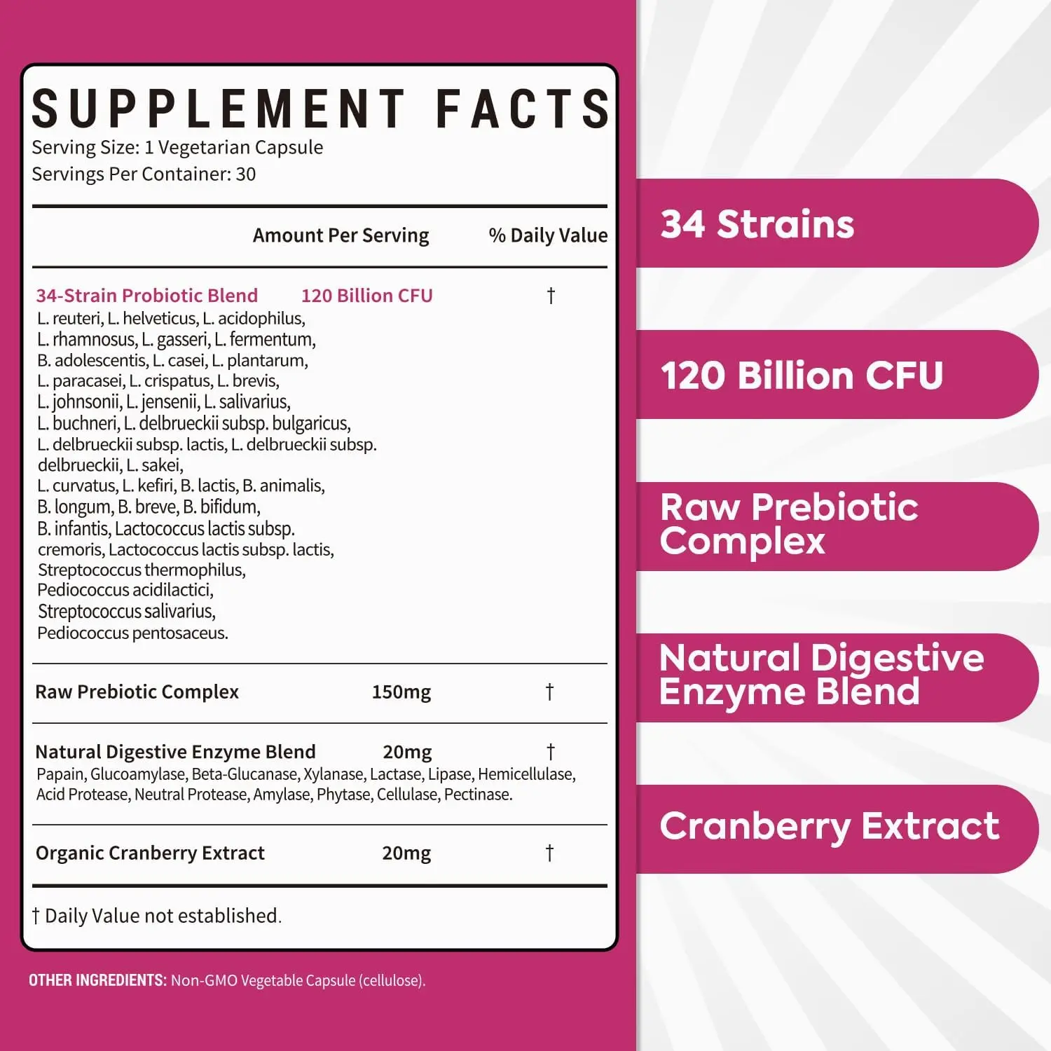 Surebounty feminine probiotic supplement with 120 billion CFU and 34 strains, plus prebiotics, digestive enzymes, and cranberry for women's digestive, vaginal, mood, and immune support.