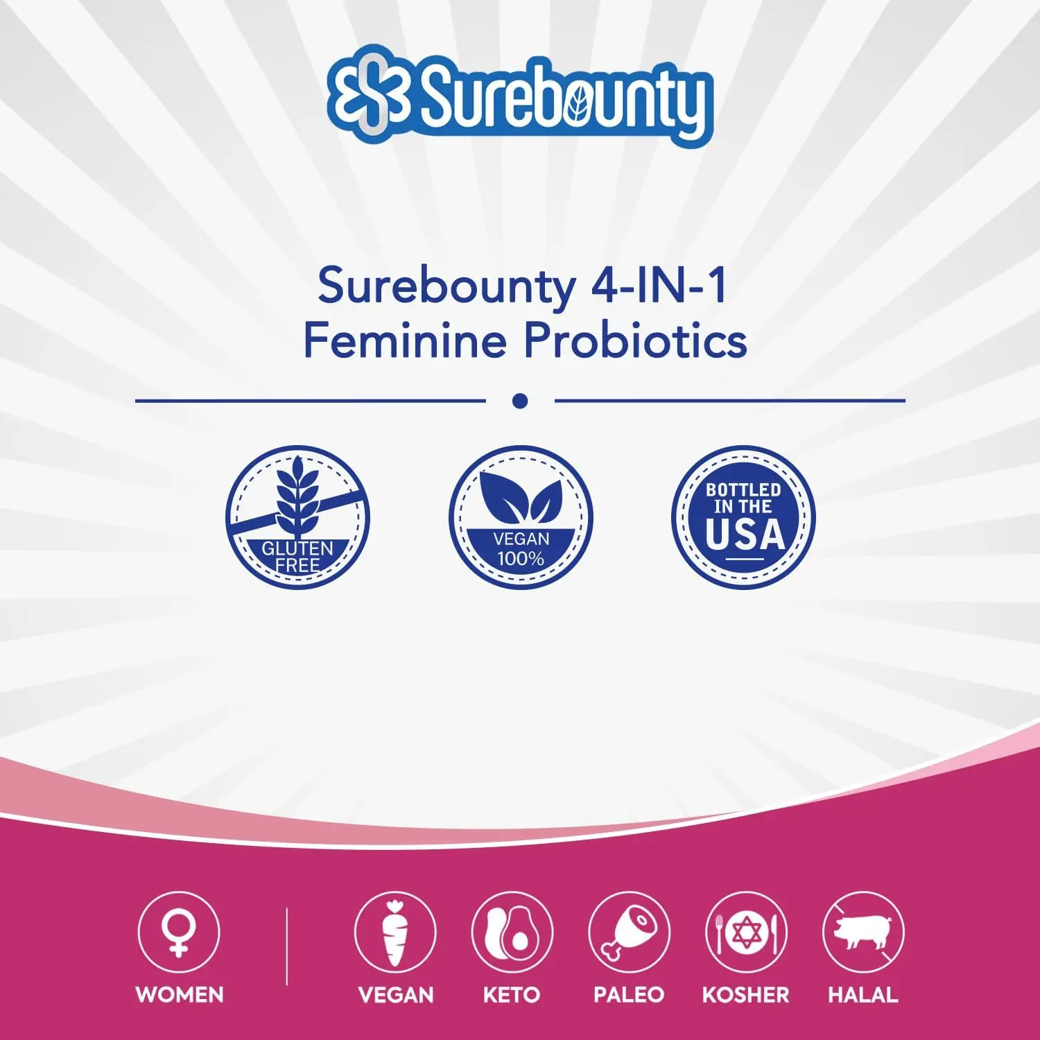 Surebounty feminine probiotic supplement with 120 billion CFU and 34 strains, plus prebiotics, digestive enzymes, and cranberry for women's digestive, vaginal, mood, and immune support.