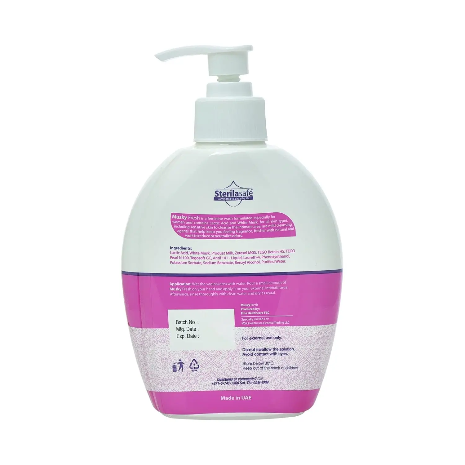 Sterilasafe musky fresh feminine wash offers pH balanced, gentle cleansing and long lasting protection for women's intimate health.