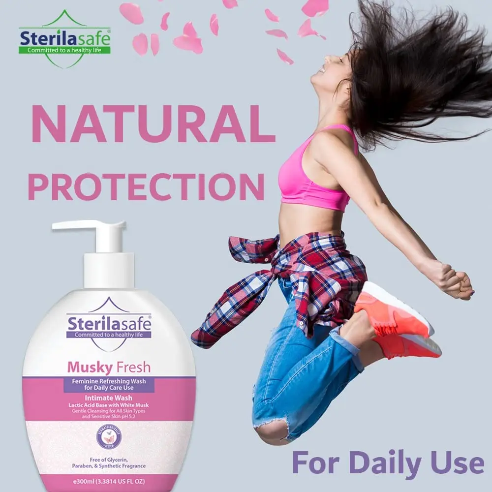 Sterilasafe musky fresh feminine wash offers pH balanced, gentle cleansing and long lasting protection for women's intimate health.