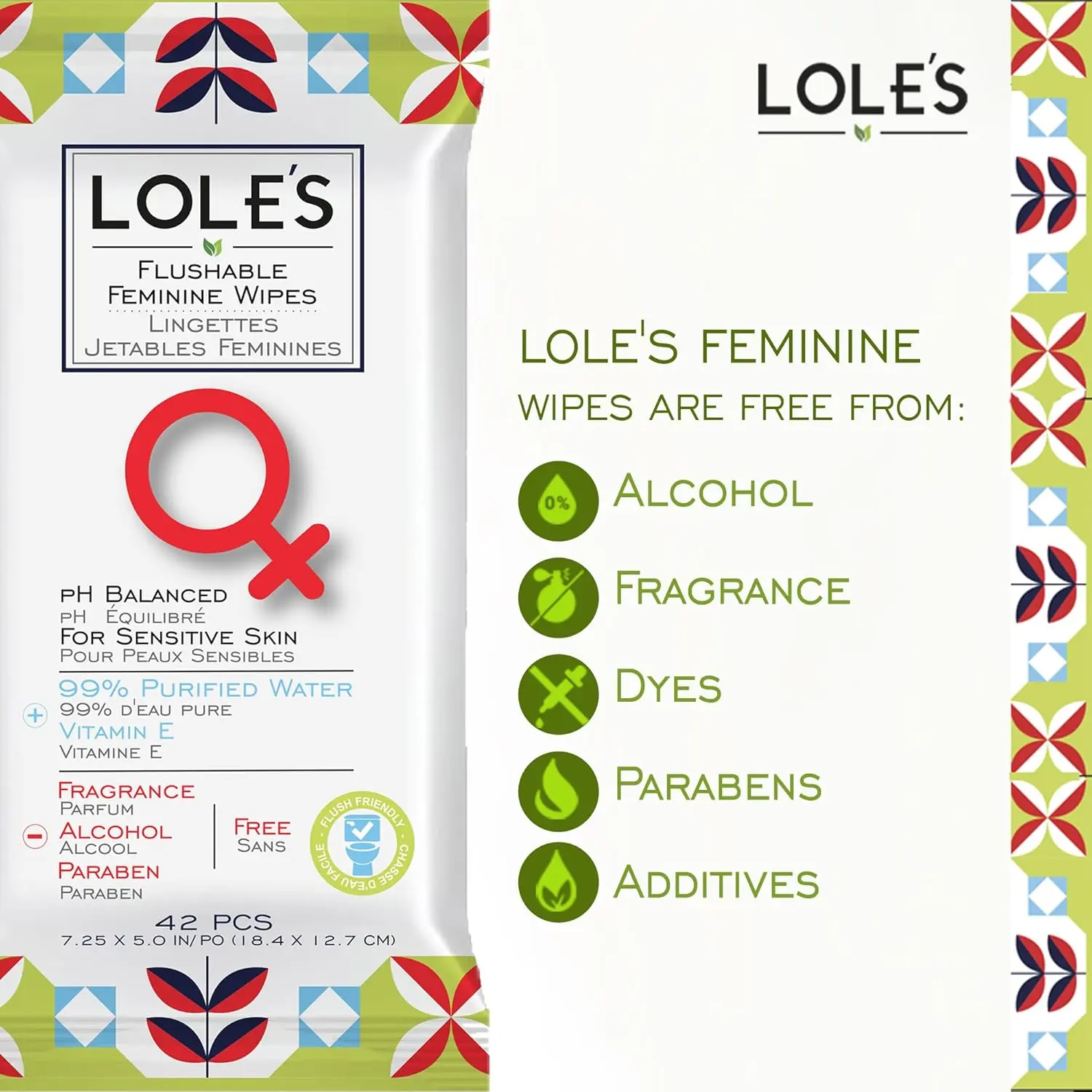 LOLE'S ultra-soft, pH balanced feminine wipes gently cleanse and moisturize sensitive skin, are flushable, and ideal for daily use, period care, and travel.