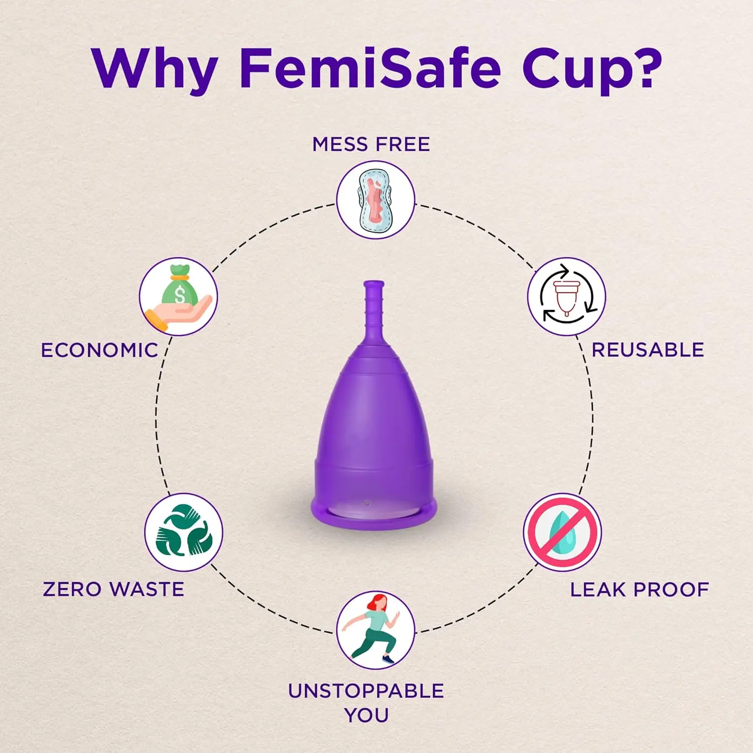 FemiSafe menstrual cup made of medical-grade silicone provides up to 12 hours of leak-proof, rash-free protection and features an easy-to-grip stem for effortless insertion and removal.