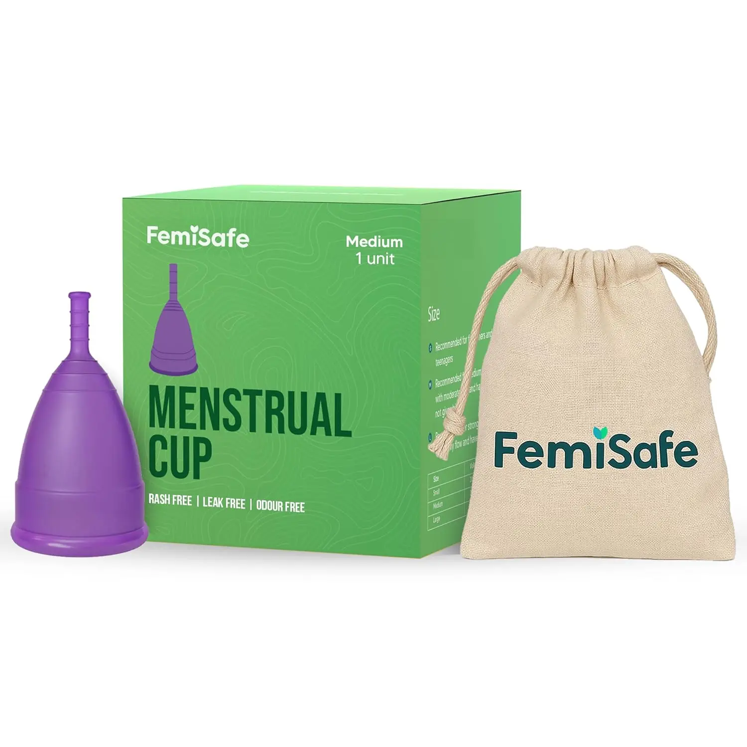 FemiSafe menstrual cup made of medical-grade silicone provides up to 12 hours of leak-proof, rash-free protection and features an easy-to-grip stem for effortless insertion and removal.