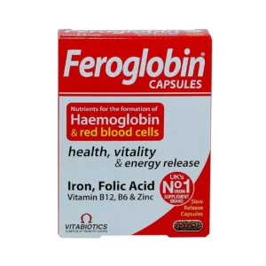 A pack of thirty Vitabiotics Feroglobin B12 capsules, a gluten-free and preservative-free iron supplement.