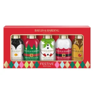 Baylis & Harding festive bathing gift set includes five travel-sized shower gels with holiday-inspired scents like Iced Snowberry and Vanilla Frosting, perfect for gifting.
