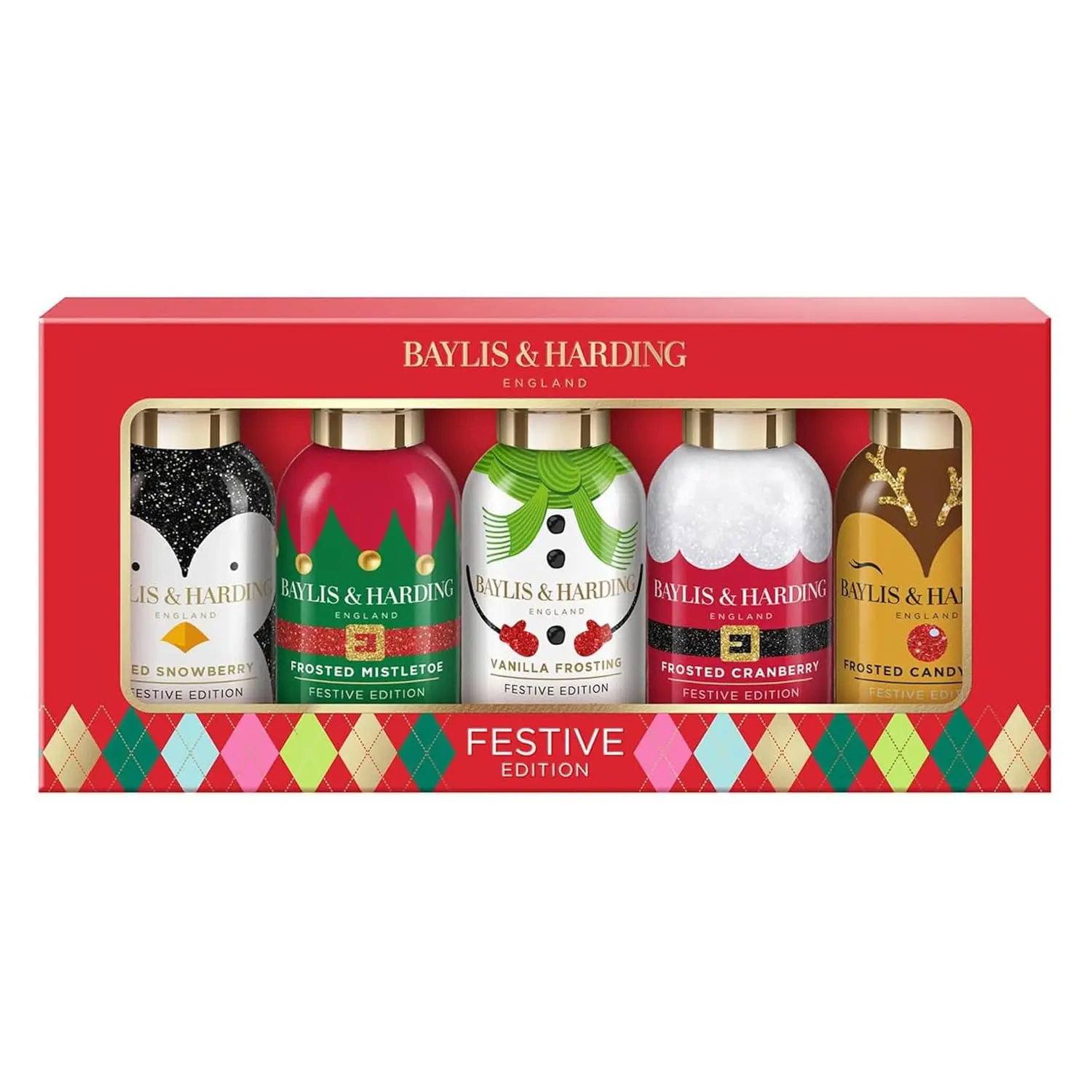 Baylis & Harding festive bathing gift set includes five travel-sized shower gels with holiday-inspired scents like Iced Snowberry and Vanilla Frosting, perfect for gifting.