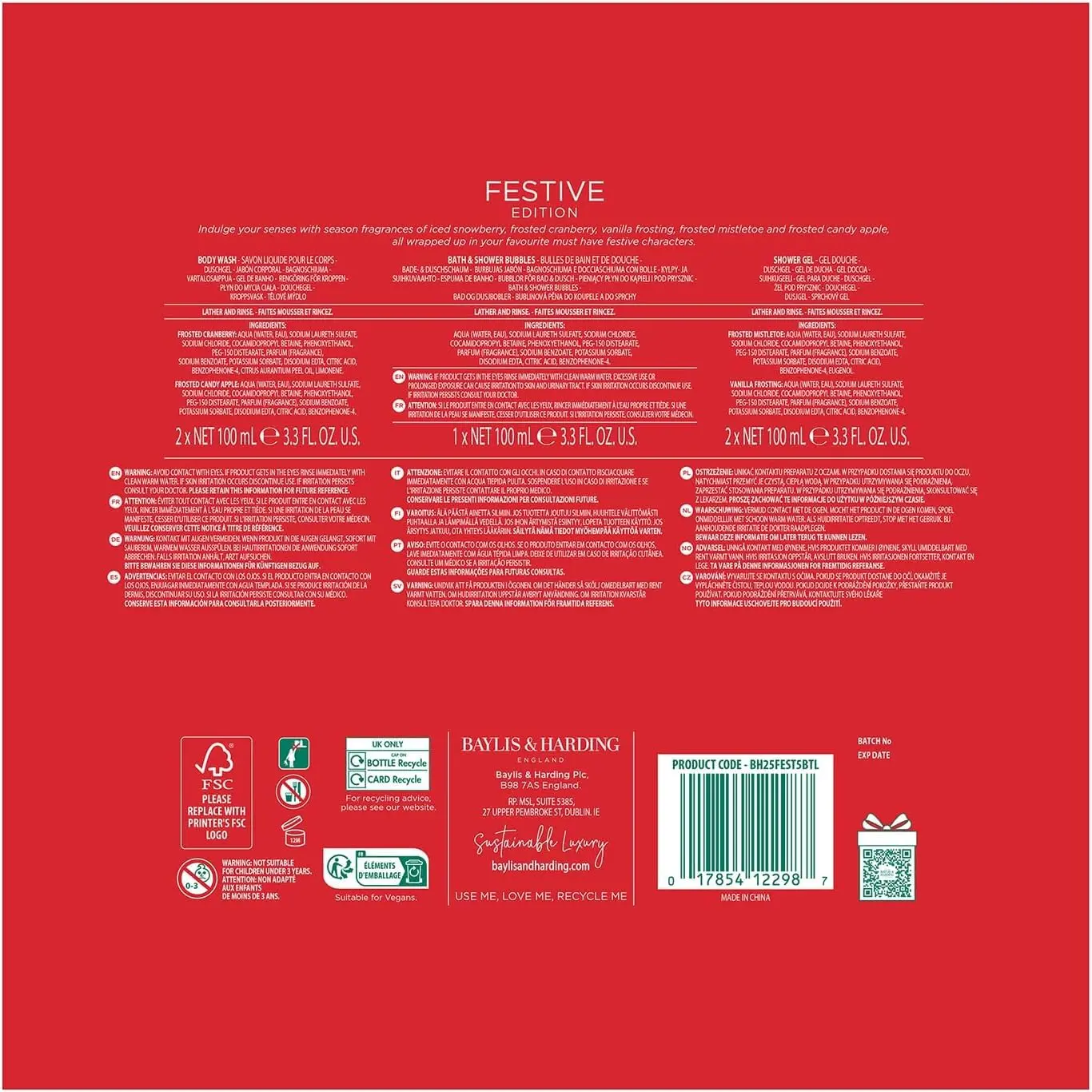 Baylis & Harding festive bathing gift set includes five travel-sized shower gels with holiday-inspired scents like Iced Snowberry and Vanilla Frosting, perfect for gifting.