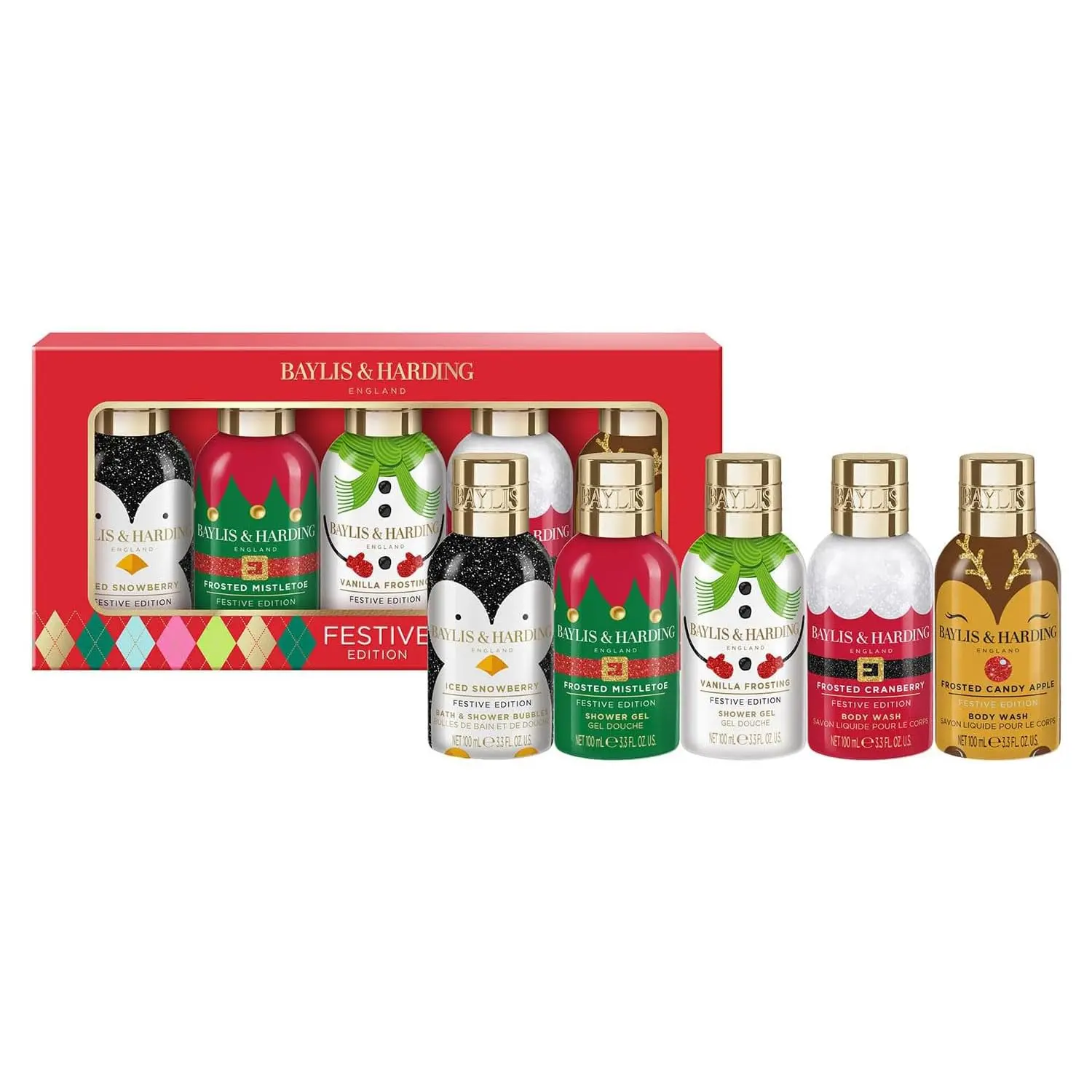 Baylis & Harding festive bathing gift set includes five travel-sized shower gels with holiday-inspired scents like Iced Snowberry and Vanilla Frosting, perfect for gifting.