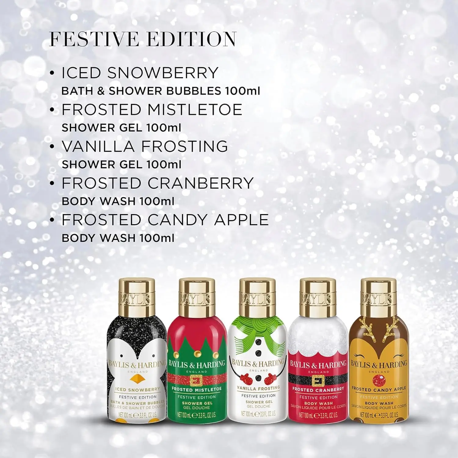 Baylis & Harding festive bathing gift set includes five travel-sized shower gels with holiday-inspired scents like Iced Snowberry and Vanilla Frosting, perfect for gifting.