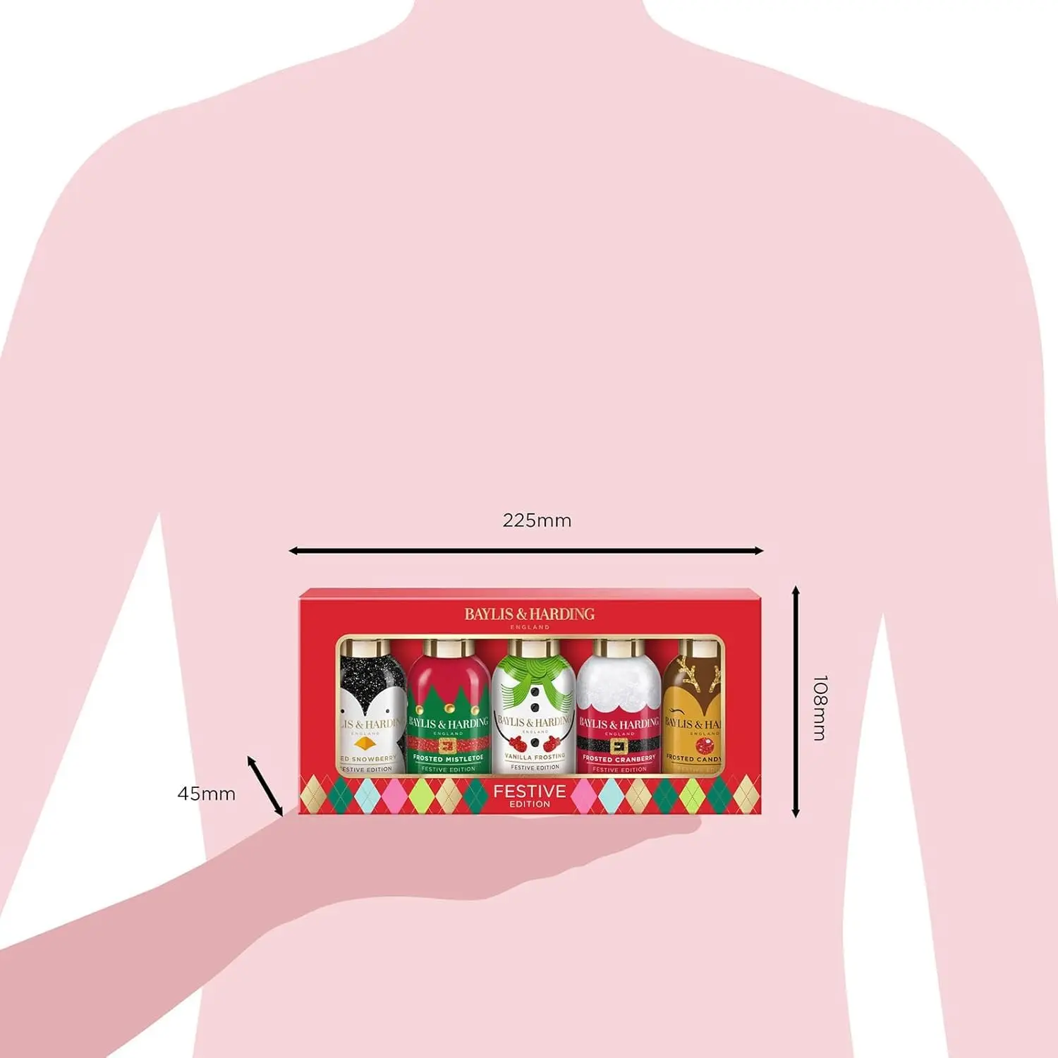 Baylis & Harding festive bathing gift set includes five travel-sized shower gels with holiday-inspired scents like Iced Snowberry and Vanilla Frosting, perfect for gifting.