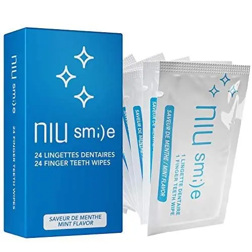 Niu smi)e finger teeth wipes provide a convenient and refreshing way to clean teeth and freshen breath on-the-go, with a mint flavor and individually wrapped for portability.