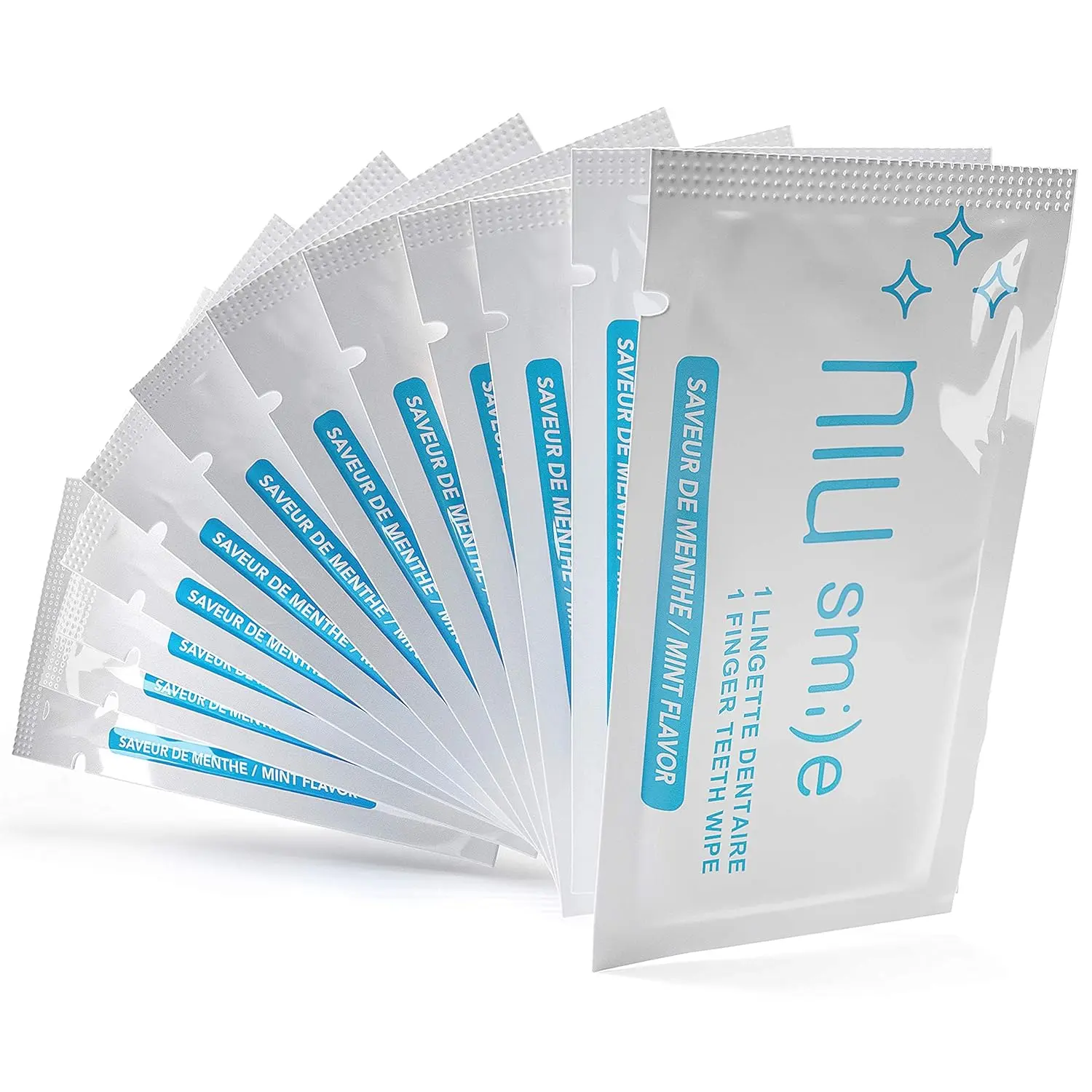 Niu smi)e finger teeth wipes provide a convenient and refreshing way to clean teeth and freshen breath on-the-go, with a mint flavor and individually wrapped for portability.