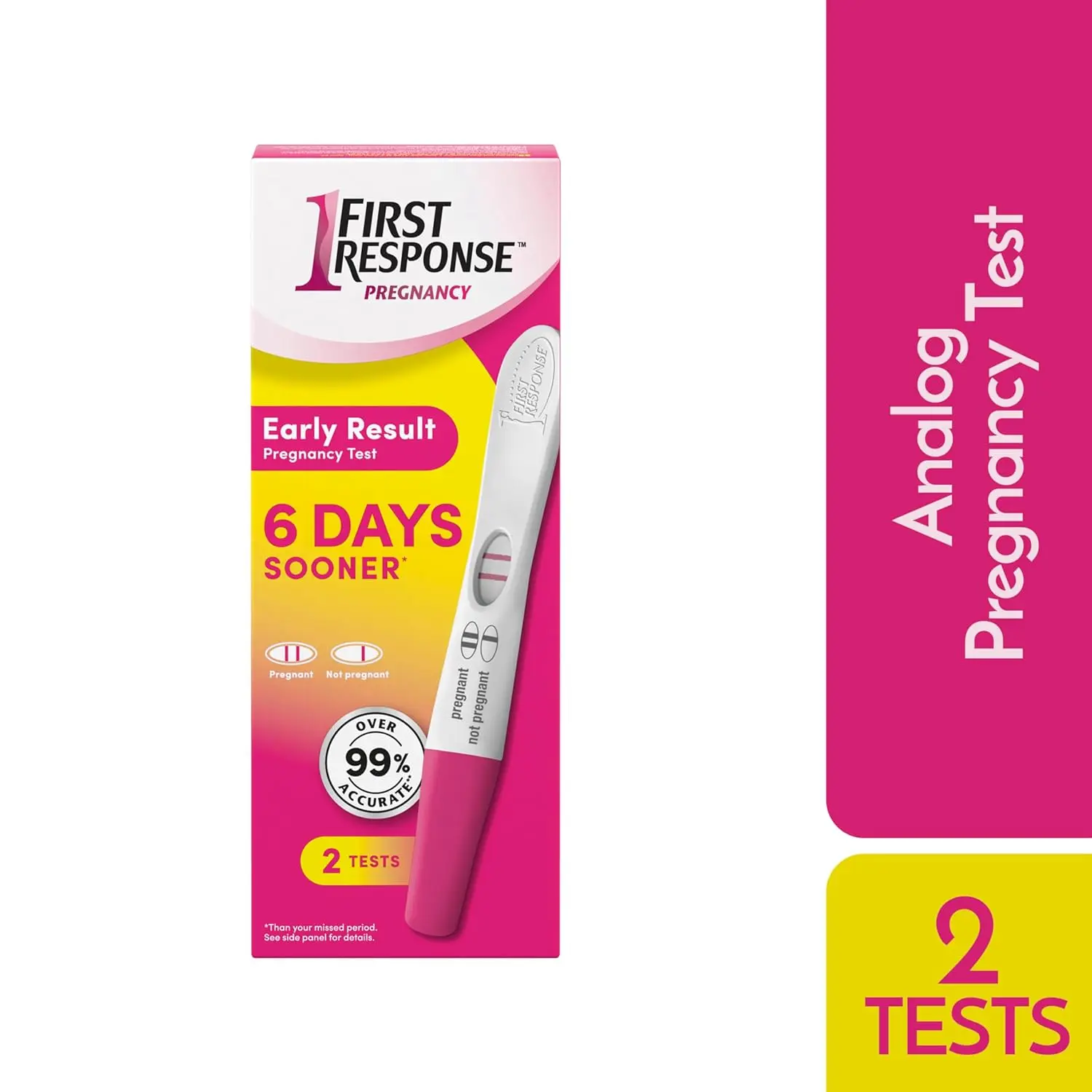 Two First Response early result pregnancy test sticks that can detect pregnancy hormones six days sooner than your missed period with over 99% accuracy.