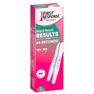This image shows a two-pack of First Response Rapid Result Pregnancy Tests, promising over 99% accuracy and results in one minute.
