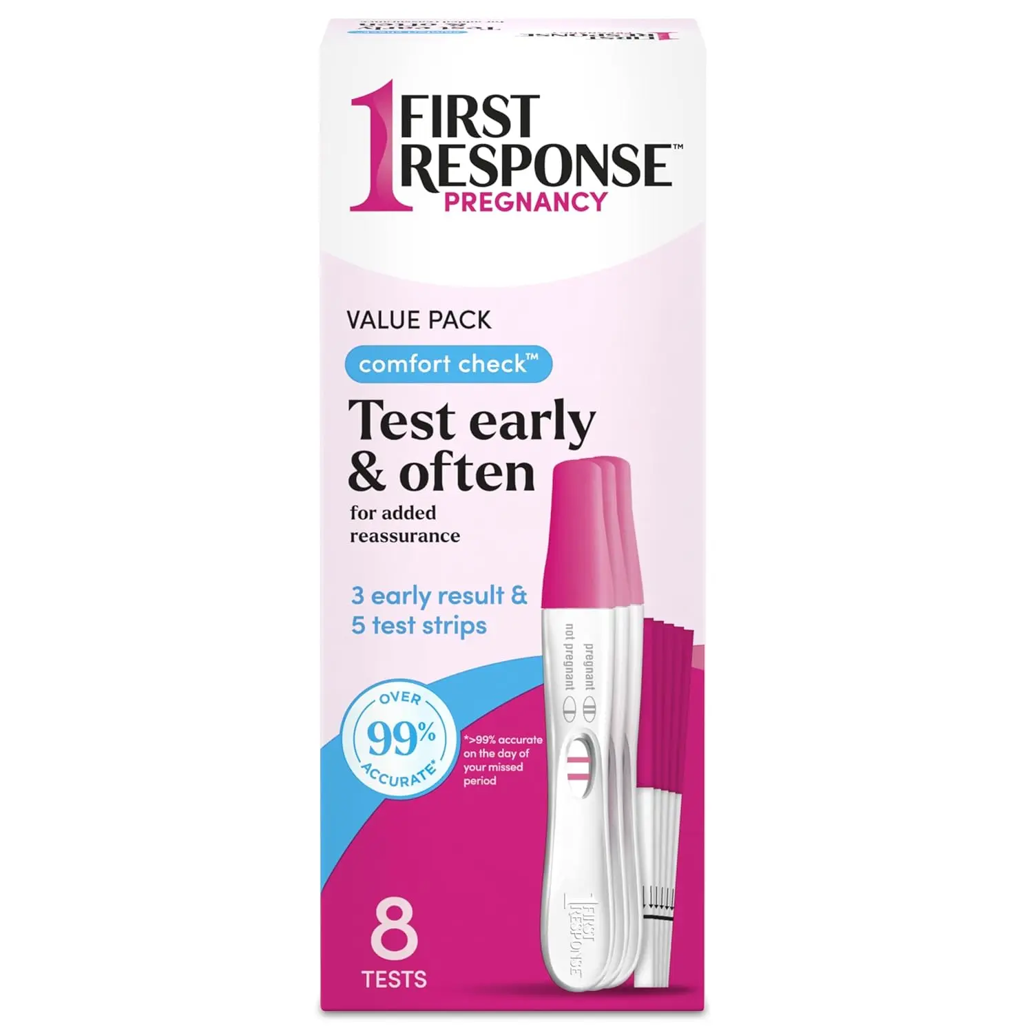 This image displays a FIRST RESPONSE pregnancy test kit with both early result sticks and test strips, offering multiple options for convenient and accurate pregnancy testing.