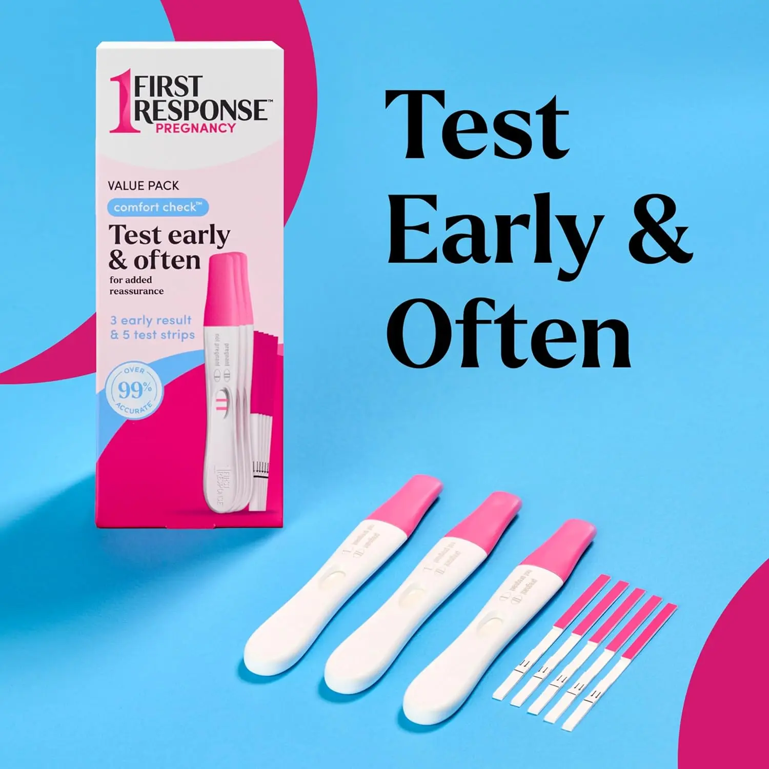 This image displays a FIRST RESPONSE pregnancy test kit with both early result sticks and test strips, offering multiple options for convenient and accurate pregnancy testing.
