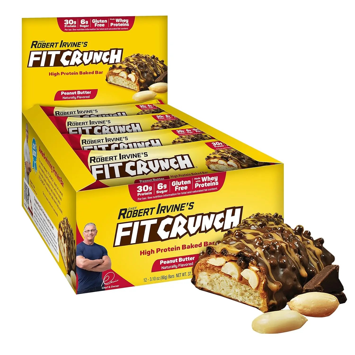Twelve FITCRUNCH peanut butter flavored protein bars with 30g of protein and only 6g of sugar in a box.