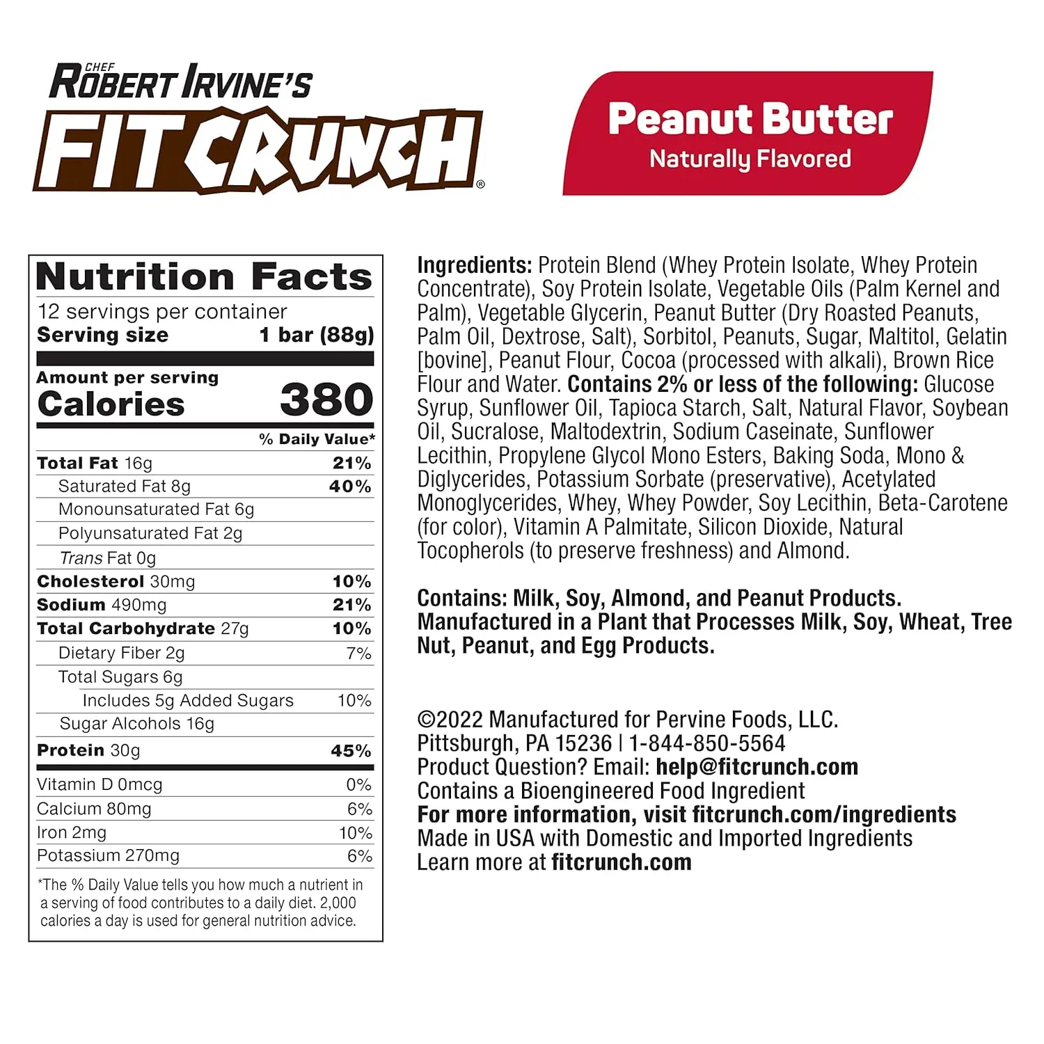 Twelve FITCRUNCH peanut butter flavored protein bars with 30g of protein and only 6g of sugar in a box.