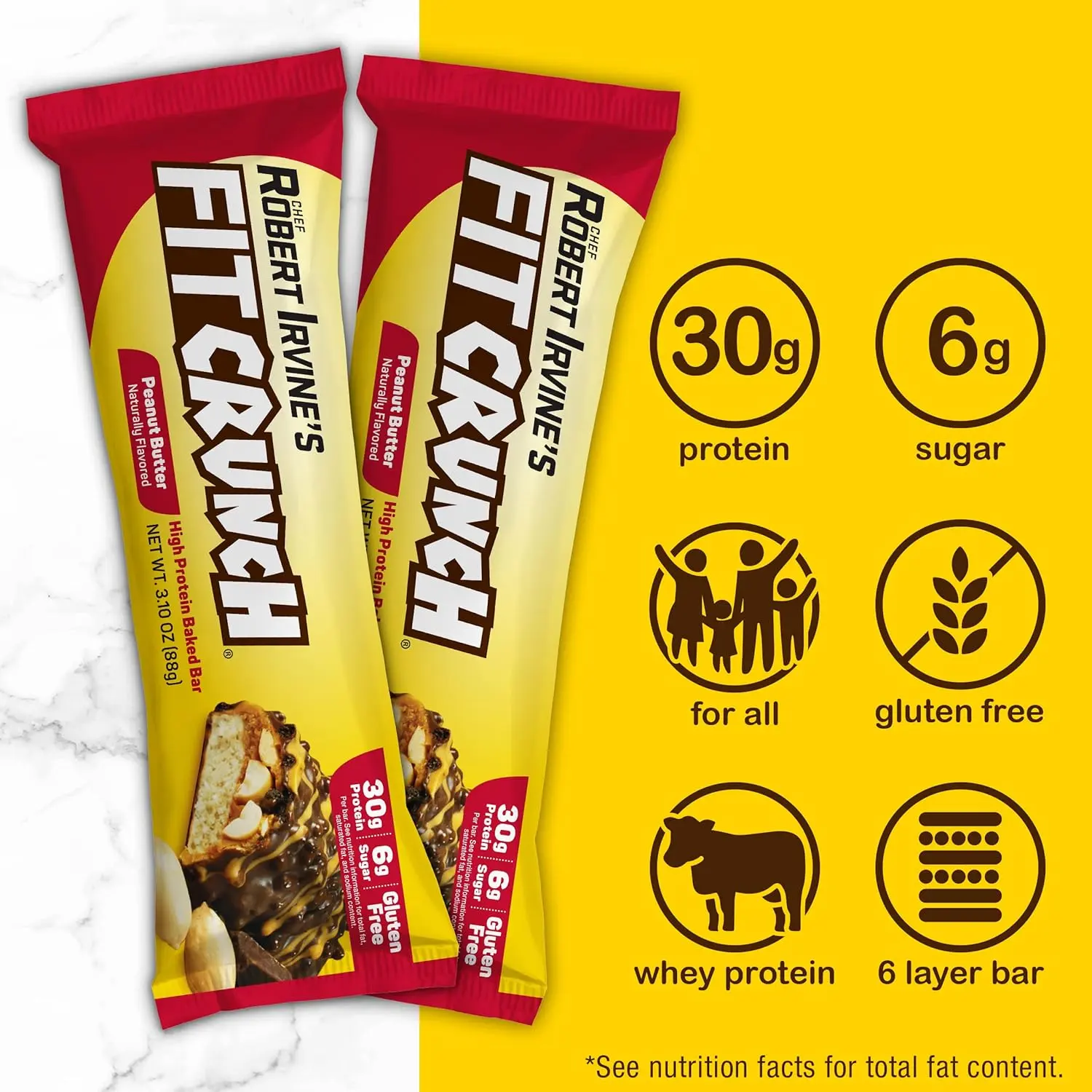 Twelve FITCRUNCH peanut butter flavored protein bars with 30g of protein and only 6g of sugar in a box.