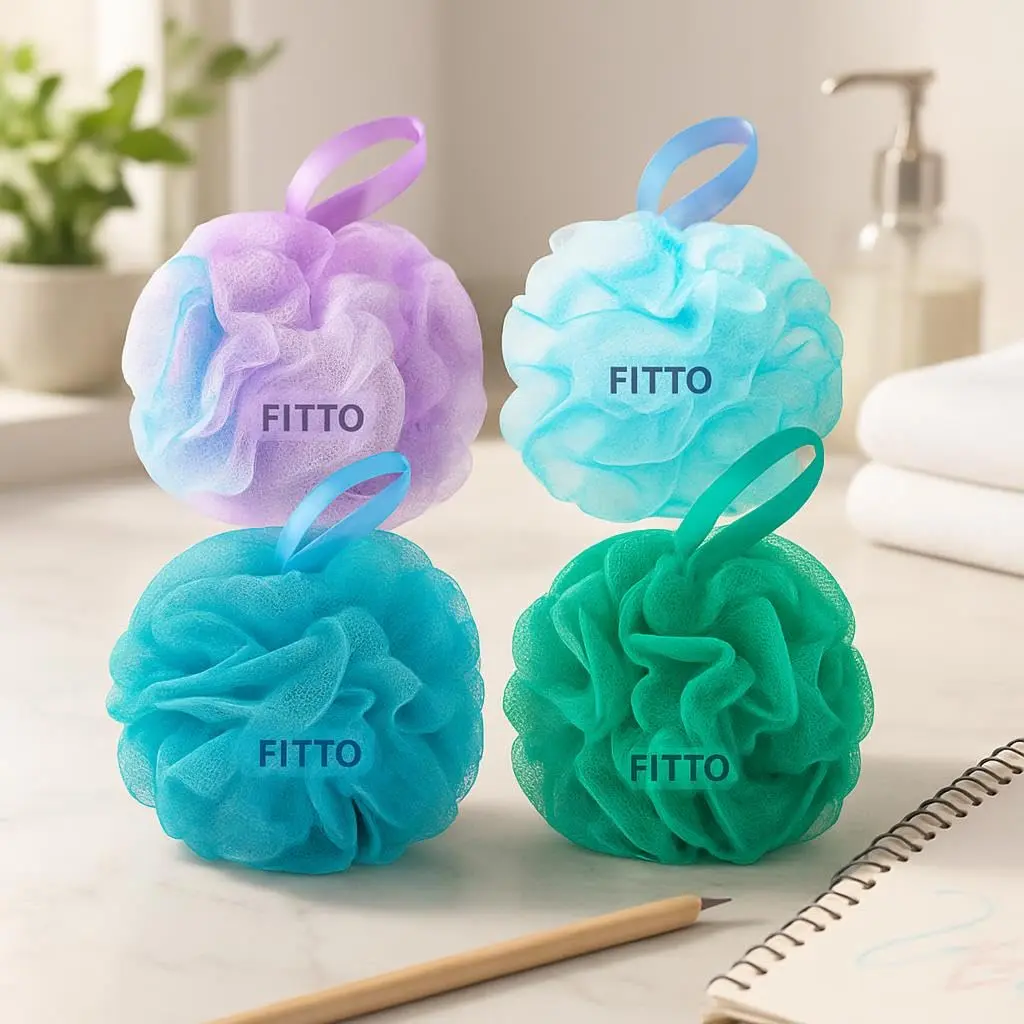 This image shows a four-pack of FITTO bath sponges designed for gentle exfoliation and creating a rich lather in the shower.