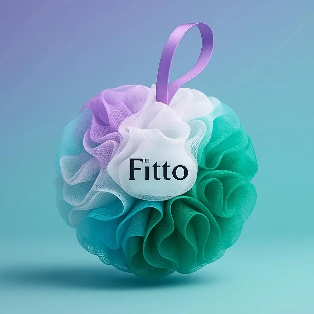 This image shows a four-pack of FITTO bath sponges designed for gentle exfoliation and creating a rich lather in the shower.