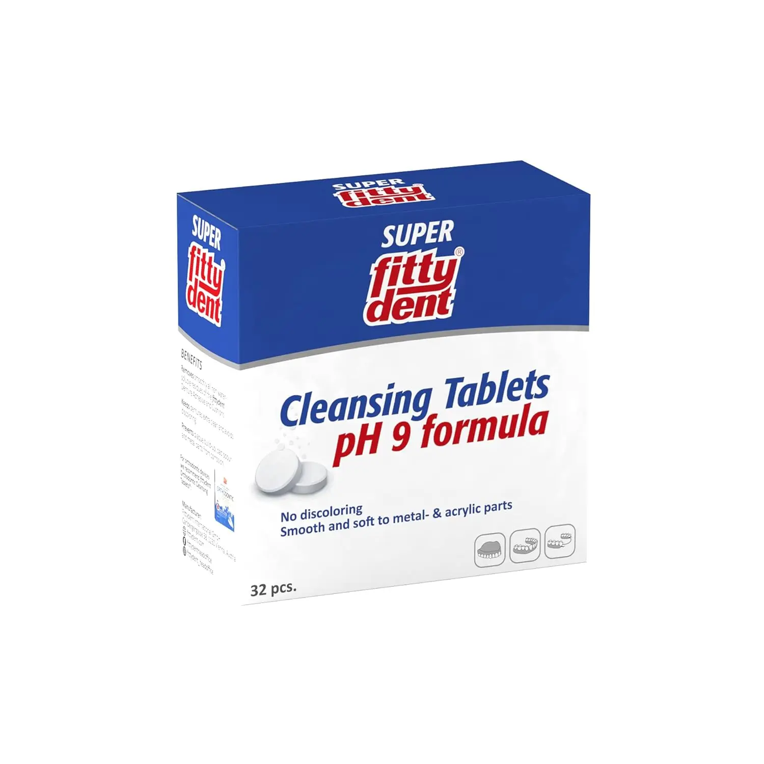 Fitty Dent super cleansing tablets provide anti-plaque formula for clean dentures and orthodontic braces without discoloring.