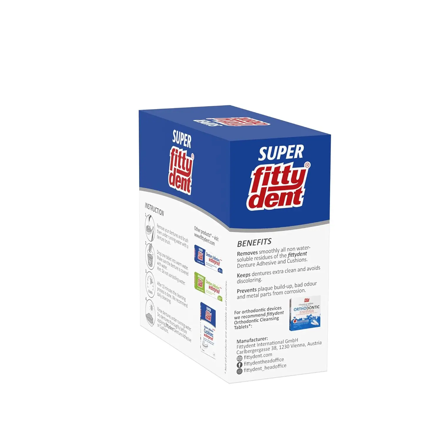 Fitty Dent super cleansing tablets provide anti-plaque formula for clean dentures and orthodontic braces without discoloring.