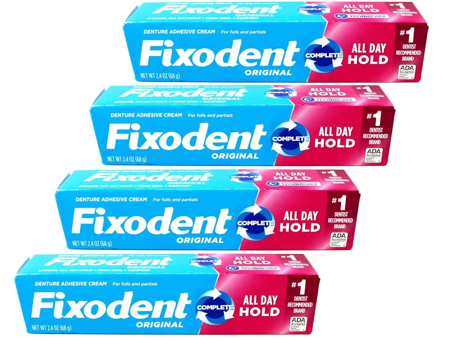 Four individually wrapped boxes of Fixodent denture adhesive provide a strong, all-day hold for complete comfort, just like natural teeth.