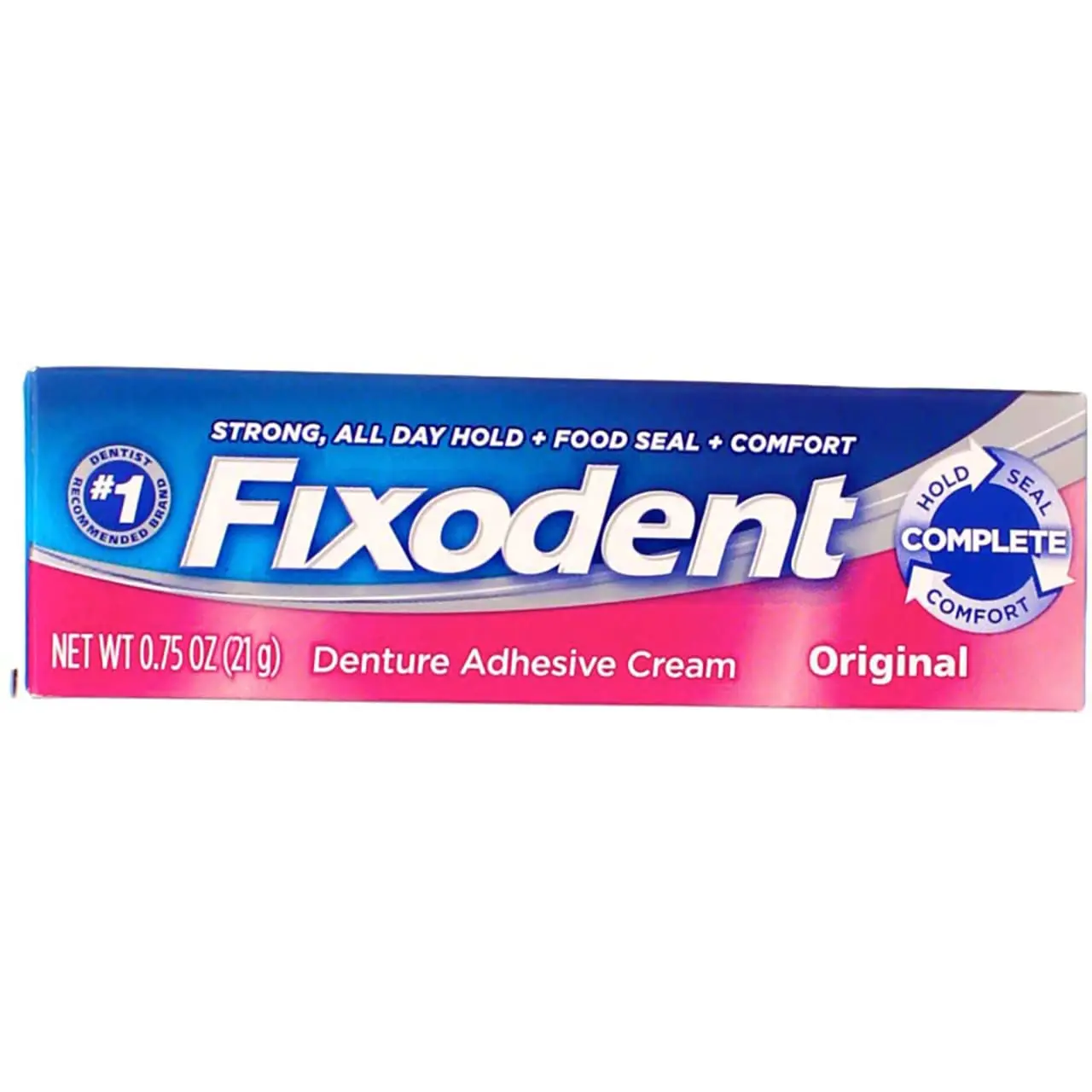 Four-pack of Fixodent Original denture adhesive cream for a strong, long-lasting hold.