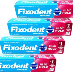 This is a pack of four Fixodent Denture Adhesive Cream tubes, designed for a compact fit and easy maintenance, delivered in secure packaging.