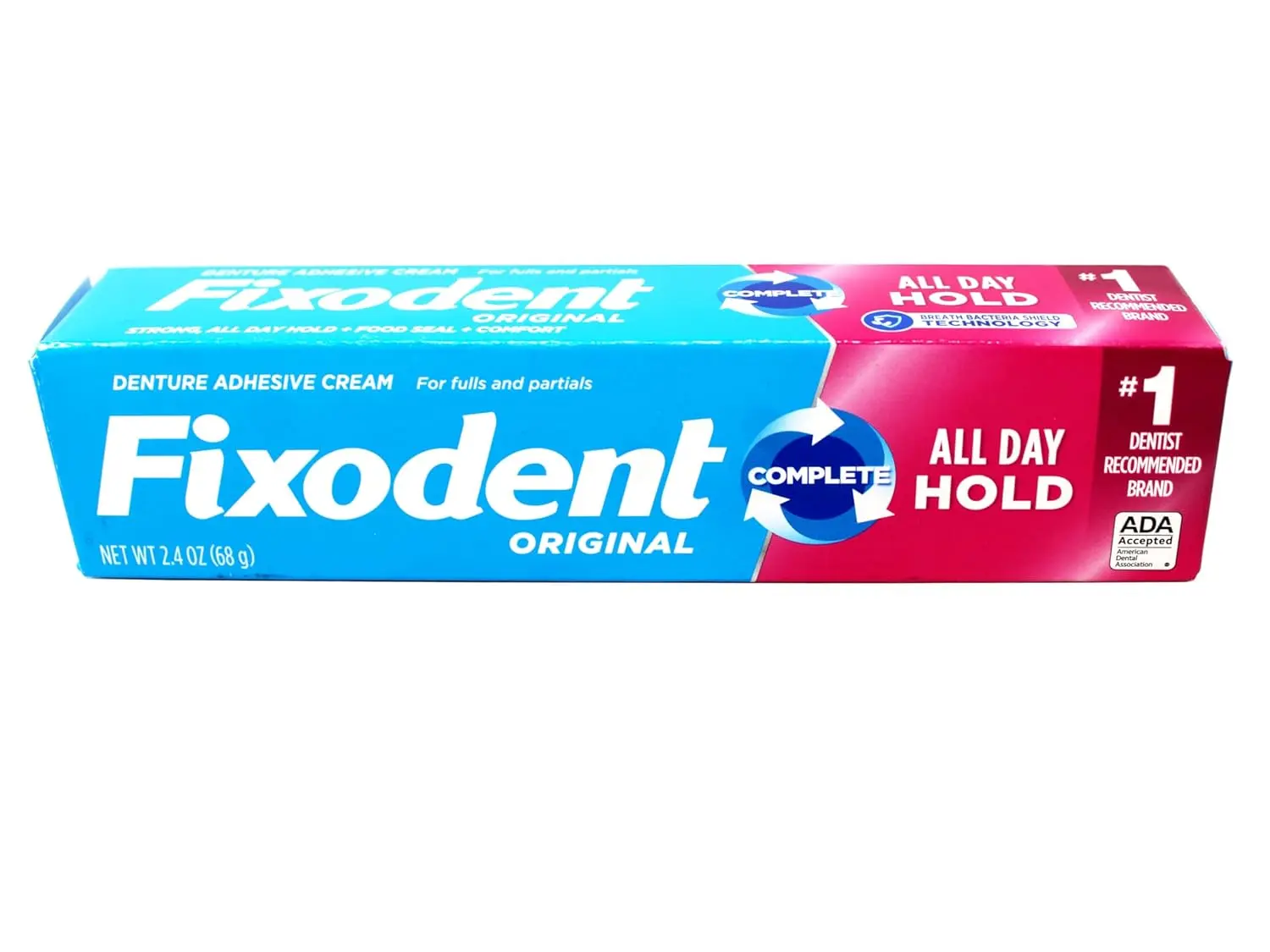 This is a pack of four Fixodent Denture Adhesive Cream tubes, designed for a compact fit and easy maintenance, delivered in secure packaging.