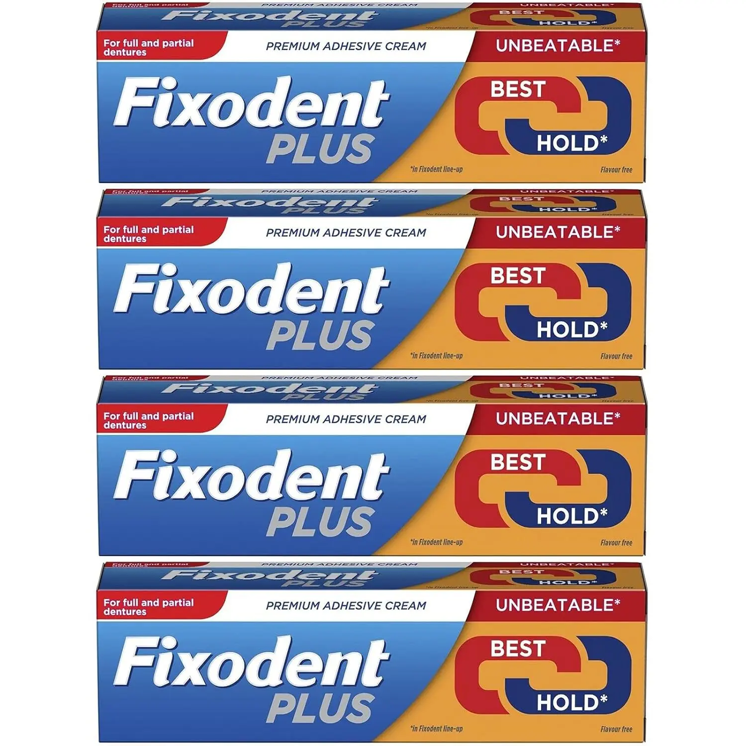 Four tubes of Fixodent Dual Power denture adhesive cream, each containing 40 grams, provide a strong, long-lasting hold for dentures.