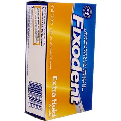 This is Fixodent Extra Hold Denture Adhesive Powder, providing a strong, airtight seal for a great denture fit.