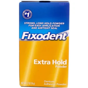 Six packs of Fixodent Extra Hold Denture Adhesive Powder ensuring a strong, long-lasting, airtight seal so you can confidently laugh, talk, eat, and drink.