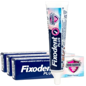 This image shows a 3-pack of Fixodent Plus Food Barrier denture adhesive cream with a fresh mint flavor, offering a strong hold and superior food seal for full or partial dentures.